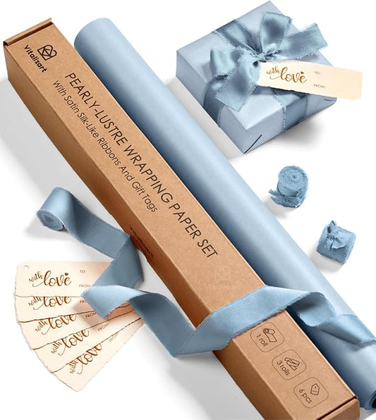 Vitalizart Dusty Blue Wrapping Paper Set 17" Pearly-Lustre With Silk Like Satin Ribbon & Gift Tags Recyclable Christmas Gift Wrapping Birthday Baby Shower Wedding Handmade Crafts 197"(16.4 Ft)