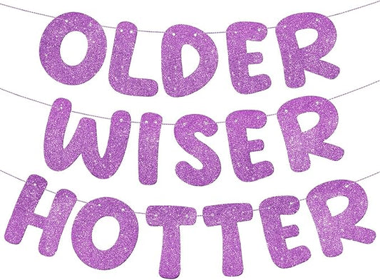 Fulmoon Set of 3 Pre Strung Older Wiser Hotter Glitter Banner Funny Birthday Banner for Women 30th 40th 50th 60th 70th 80th Birthday Party Decorations Sign Gift(Light Purple)