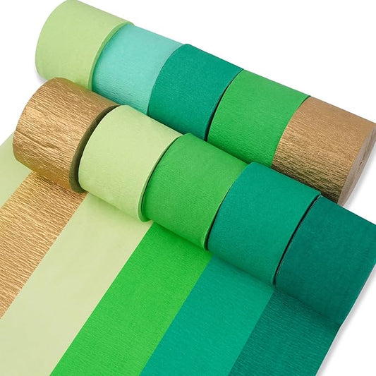 PartyWoo Green Crepe Paper Streamers 10 Rolls 820 ft Pack of Gold and Shades Green Crepe Paper for Graduation Christmas Wedding Jungle Birthday Party Decorations (1.8 Inch x 82 Ft/Rolls)