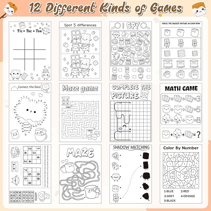 Marshmallow Activity Books for Kids-48 Pcs Marshmallow Mini Game Coloring Books Set Bulk Mazes Word Research Word Scramble Games for Birthday School DIY Activity Supplies Goodie Bags Stuffer