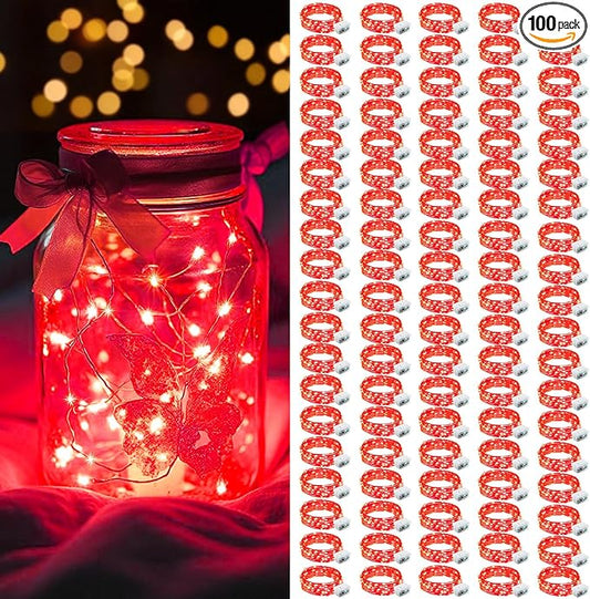 AIKEI 100 Pack LED Fairy Lights Battery Operated, Mini String Lights Waterproof 7ft 20 Led Firefly Starry Lighting 3 Modes for Wedding Party Bedroom Halloween Valentines Christmas Decoration Red