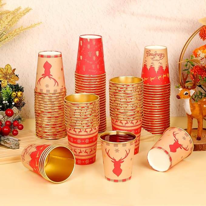 100 Pcs 8oz Christmas Paper Cups, Disposable Christmas Coffee Cups Red Reindeer Xmas Tree Design Paper Cups, Holiday Winter Drinking Cups for Hot Cold Beverages Party Supplies, 4 Styles