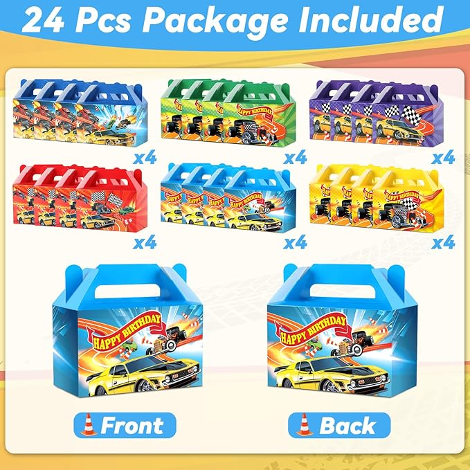 24Pcs Hot Car Happy Birthday Party Decoration Race Car Party Treat Boxes Supplies Wheels Wild Goodie Gift Boxes Racing Theme Checkered Flag Decors for Kids Boys Birthday Baby Shower Game Favors