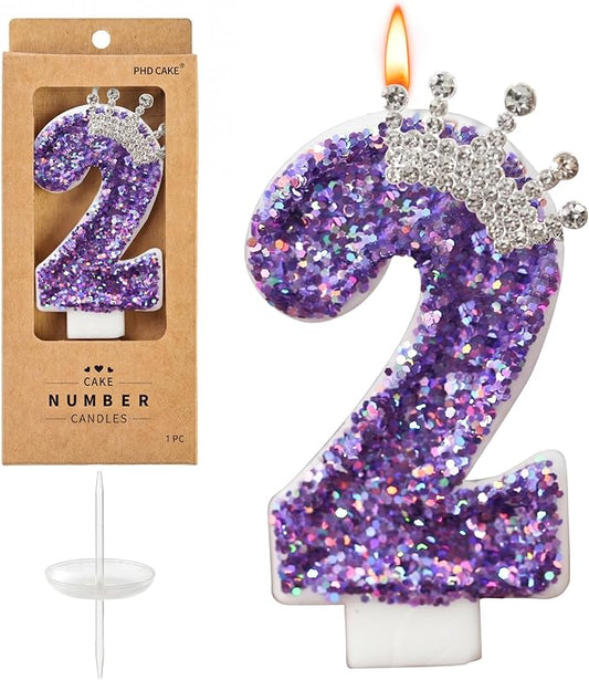Birthday Number Candles,Purple Crown Birthday Candles for Cake,Glitter Number 2 Candle Cake Topper with Sequins for Anniversary Celebrations Supplies