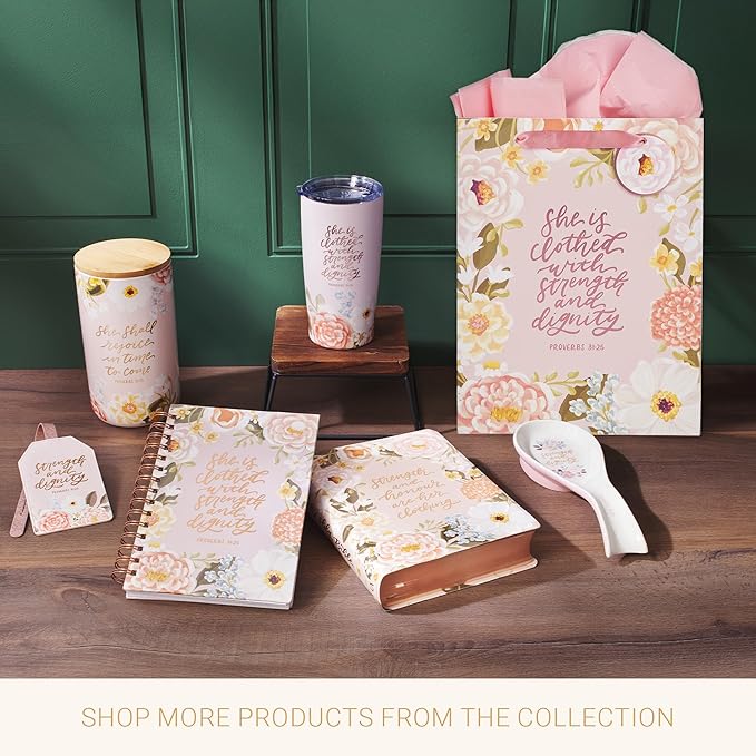 Christian Art Gifts Large Portrait Inspirational Scripture Gift Bag, Tag & Wrapping Tissue Paper Set for Women: Strength & Dignity Encouraging Bible Verse, Satin Ribbon Handles, Pink Multicolor Floral