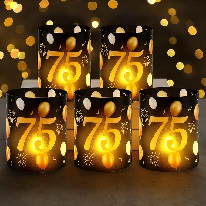 10 Sets 75th Happy Birthday Centerpieces for Table Black and Gold Birthday Decorations Lantern Boxes with Tea Lights Candles Centerpieces for Men Women 75th Party Supplies
