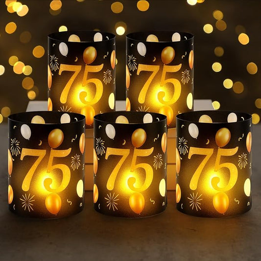 10 Sets 75th Happy Birthday Centerpieces for Table Black and Gold Birthday Decorations Lantern Boxes with Tea Lights Candles Centerpieces for Men Women 75th Party Supplies