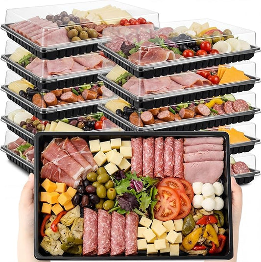 Shellwei 10 Pack Extra Large Charcuterie Board with Lids, 15 x 10 Inch Plastic Catering Trays for Cookies, Desserts, Candy, Reusable Serving Platters for Travel Party