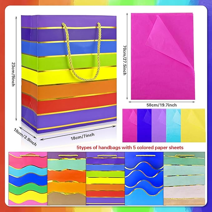 MUMULULU 5 Pack Paper Gift Bags with Handle and Tissue Paper Birthday Gift Bags Rainbow Bag for Birthday Party Baby Shower Wedding Holiday Presents