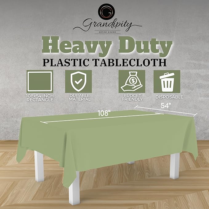 Grandipity Sage Plastic Table Cloth Disposable (6 Pk) 54in x 108in Plastic Tablecloths for Rectangle Tables - Premium Party Table Cloths Disposable for 6ft to 8ft Rectangle Tables