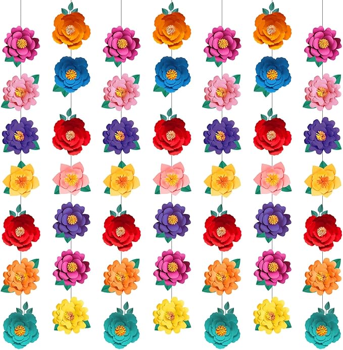Spakon 8 Pcs Mexican Paper Flower Decorations Mexican Fiesta Garlands Cinco de Mayo Flat Floral Hanging Banner Cutouts for Birthday Decorations Baby Shower Cinco De Mayo Party Decor