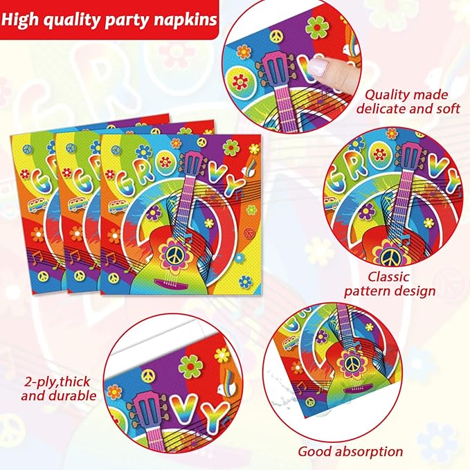 200pcs 60's Hippie Party Plates Napkins Groovy Paper Tableware Set Tie Dye Cake Dessert Disposable Dinnerware 60s 70s Hippie Party Decoration for Baby Shower Birthday Decor Supplies Serves 50