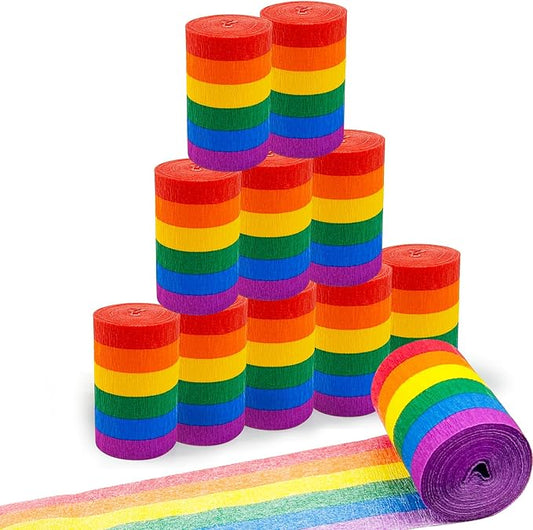 10 Rolls Rainbow Crepe Paper Streamers, 328 ft Colorful Crepe Rolls Rainbow Streamer Paper Party Decorations for Birthday Wedding Bachelorette Bridal Pride Party Candyland Backdrop DIY Supplies
