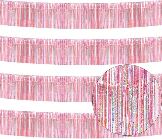 4 Pack Iridescent Pink Total 40 Feet Foil Fringe Garland Metallic Tinsel Banner Wall Hanging Drapes Parade Float Skirting Decorations for Trailer Mardi Gras Party Birthday Wedding