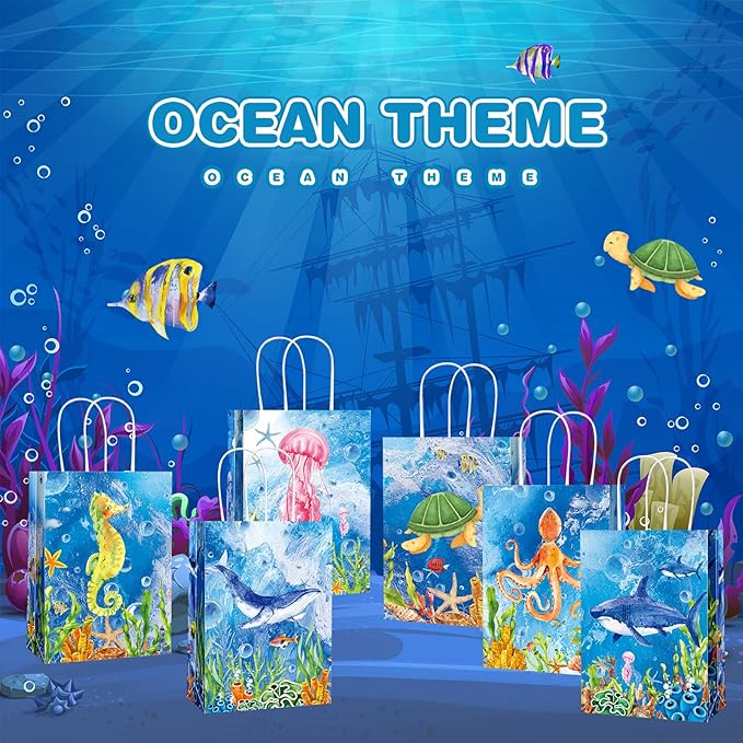 Outus 24 Pcs Sea Animals Party Gift Bags Ocean Undersea Theme Party Goodie Treat Candy Wrap Bags with Handle Colorful for Kids Girls Boys Birthday Decorations