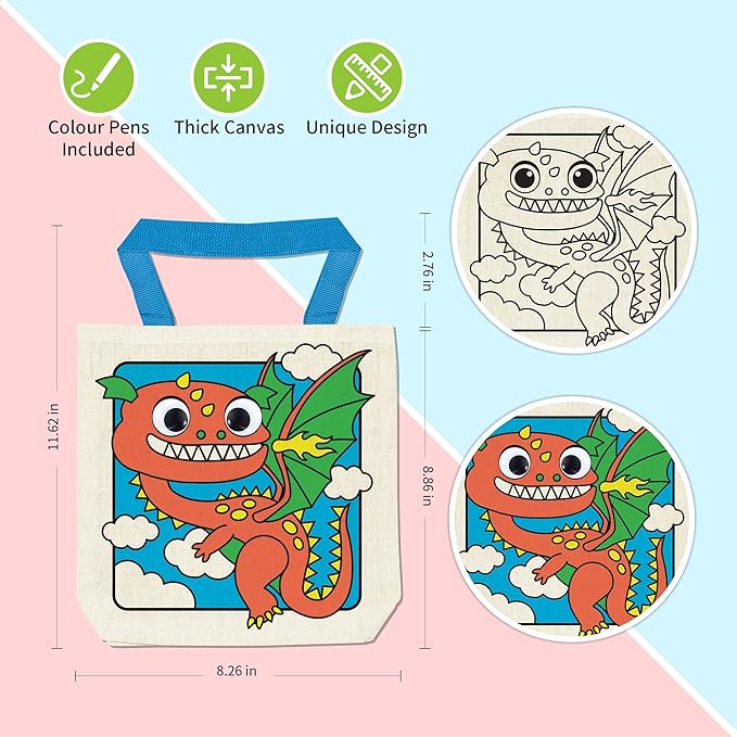 6 Pieces Kids Coloring Goodie Bags, Reusable Canvas Bag, Cute Art Party Favors, Color Your Own Bags for DIY Painting Birthday Carnival Celebration, Party Supplies Gift, Boys