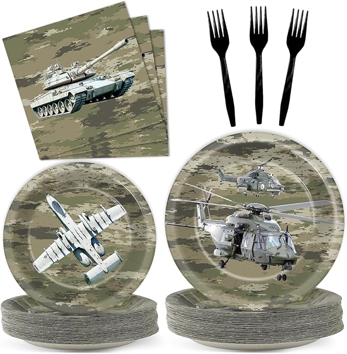 Camo Army Birthday Party Supplies Army Party Paper Plates And Napkins Camouflage Party Tableware Army Soldier Camouflage Party Disposable Dinnerware for Birthday Baby Shower Party Decoration Serve 24