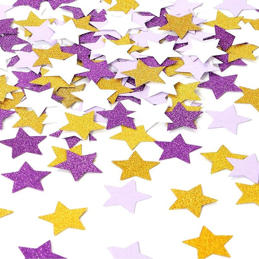 White Purple-Gold Party-Decorations Star Confetti - 300pcs Glitter Graduation 2025 Paper Table Confetti Woman Girl Birthday Party Decoration Bridal Baby Shower Wedding Decor Lasting Surprise