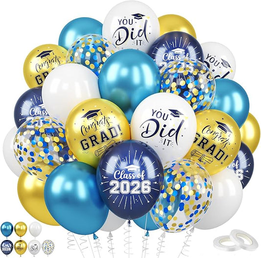 Blue and Gold Graduation Balloons, 60PCS Congrats GRAD Printed Balloon, 12 Inch Navy Blue White Metallic Blue Gold Confetti Latex Party Balloons Helium for Class of 2026 Graduation Party Decorations
