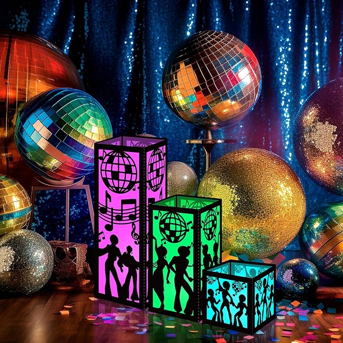 Rossesay 24 Pcs Disco Centerpieces for Table 3 Size 70s Disco Ball Dancer Paper Lantern Boxes Let's Boogie Table Ideas Decorations for 70s 80s Music Themed Party Decor Birthday Decorations