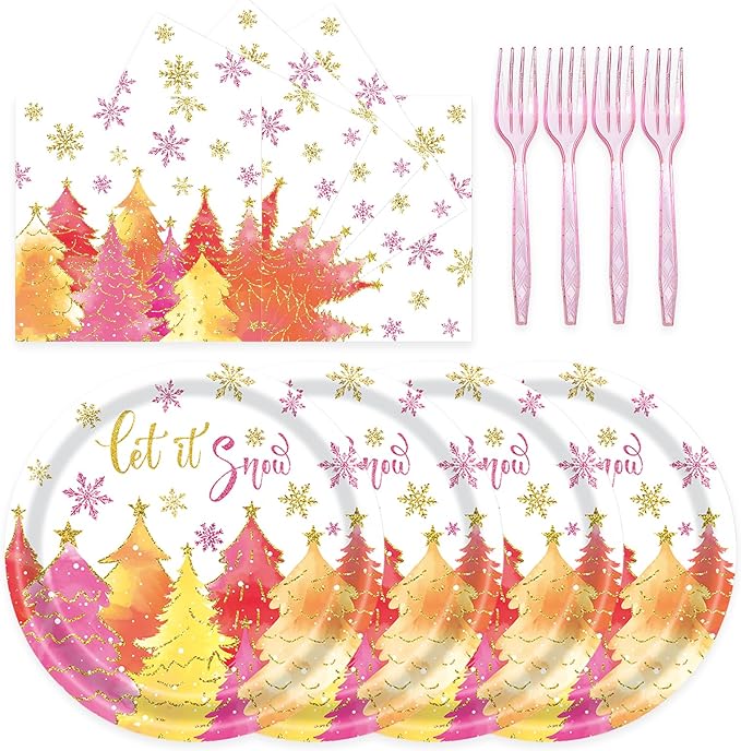 72Pcs Pink Christmas Paper Plates and Napkins Let It Snow Party Plates Gold Pink Xmas Tree Snowflake Party Supplies Tableware Set for Christmas Winter Holiday New Year Decorations