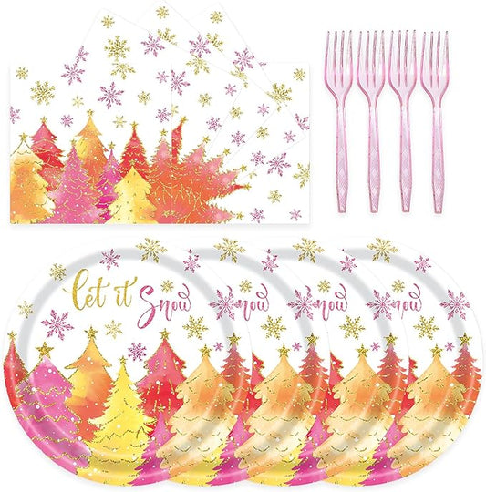 72Pcs Pink Christmas Paper Plates and Napkins Let It Snow Party Plates Gold Pink Xmas Tree Snowflake Party Supplies Tableware Set for Christmas Winter Holiday New Year Decorations