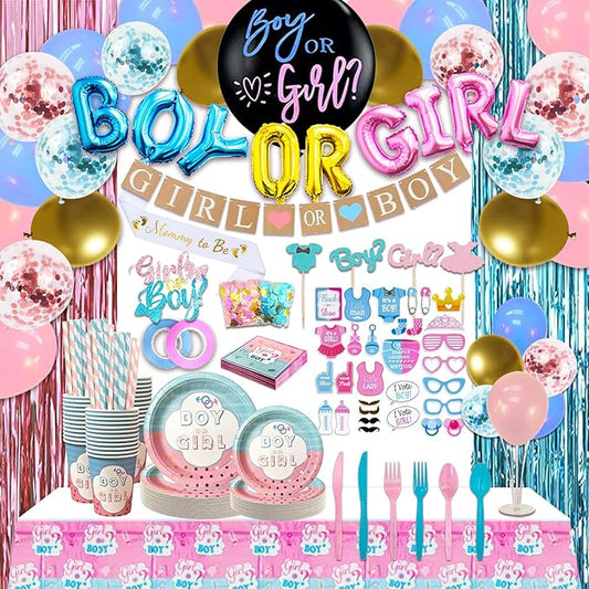 Guudmua 312 Pcs Gender Reveal Decorations, Baby Gender Reveal Party Supplies- Disposable Dinnerware Set With Pink and Blue (25 Guest), Boy or Girl Banner, Balloon, Sash, Cake Topper, Photo Props