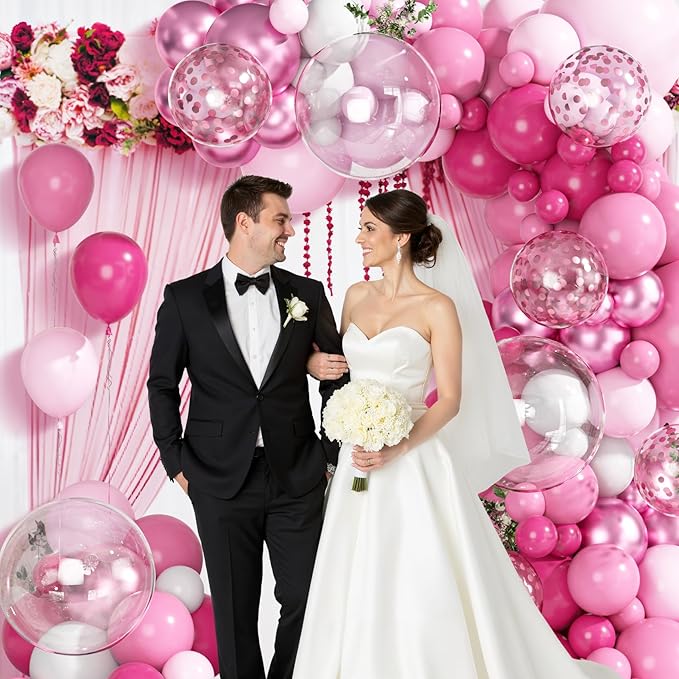 Ouddy Party 149Pcs Hot Pink White Balloon Garland Kit Different Sizes 18 12 10 5Inch, 6Pcs 18” Clear Metallic Rose Gold Confetti Balloons for Princess Baby Shower Wedding Birthday Party Decorations