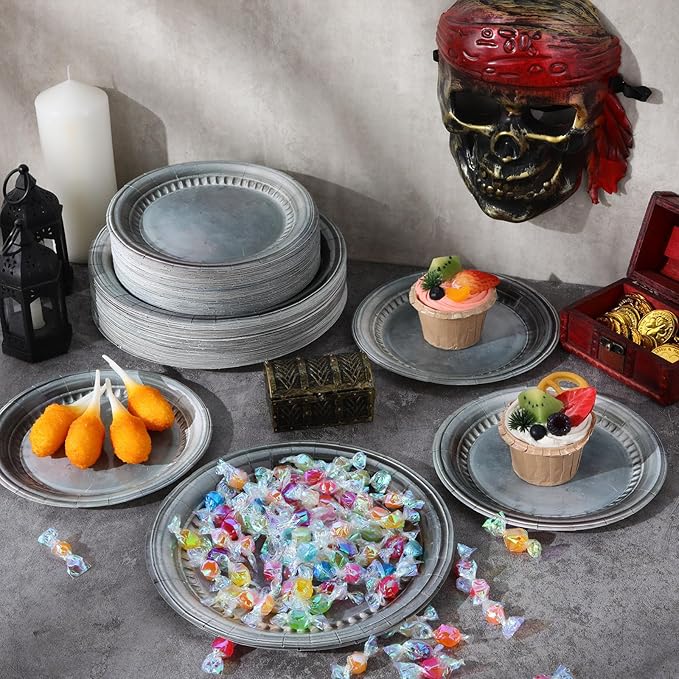 Jingmore 180 Pcs Medieval Party Supplies Disposable Pewter Paper Plates and Forks Tableware Set for Pirate Knight Castle Halloween Decorations Dinner Silver Grey 9" and 7'' Serves 60（Retro Style）