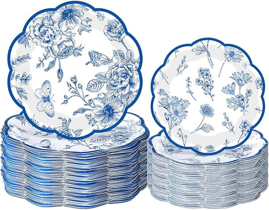 Funnymoom 60 Pcs Blue White Floral Paper Plates 9 in and 7 in Disposable Butterfly Flower Party Plates Spring Elegant Dinner Dessert Tableware for Wedding Baby Shower Chinoiserie Table Decor Supplies