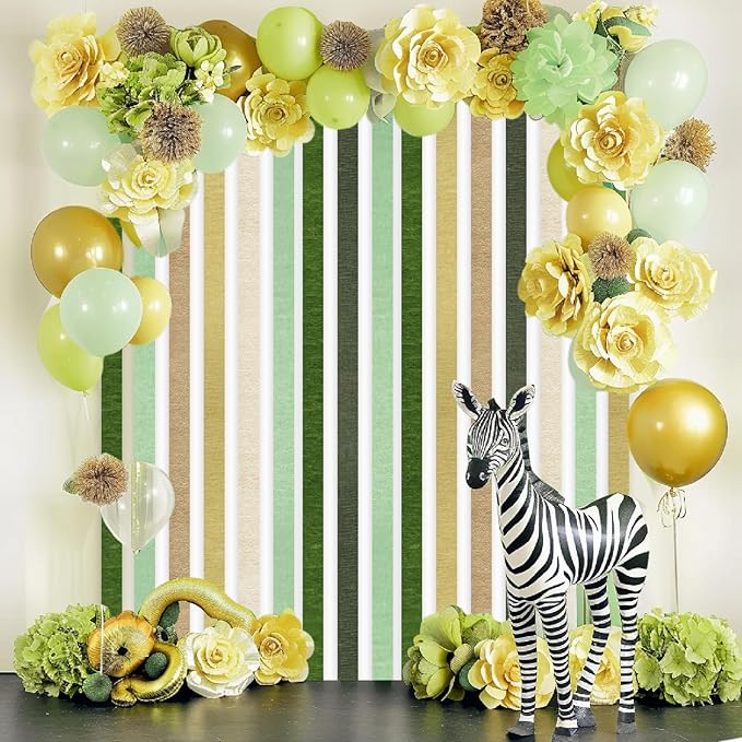 Camp Bachelorette Decorations, 12 Rolls Sage Green & Gold Crepe Paper Streamers for Green Boho Birthday Engagement Wedding Bridal/Baby Shower, Dinosaur Jungle Woodland Party