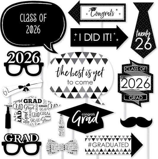 Big Dot of Happiness Black and White Graduation Props for Photoshoot 2026, 20-Count Set of High School Senior Photo Booth Props for Pictures and Graduation Party Decorations