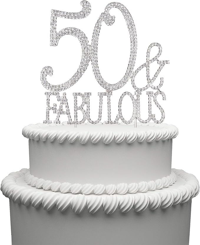 50 & Fabulous Cake Topper 50 Years Birthday Or 50th Wedding Anniversary Silver Crystal Rhinestone Party Decoration