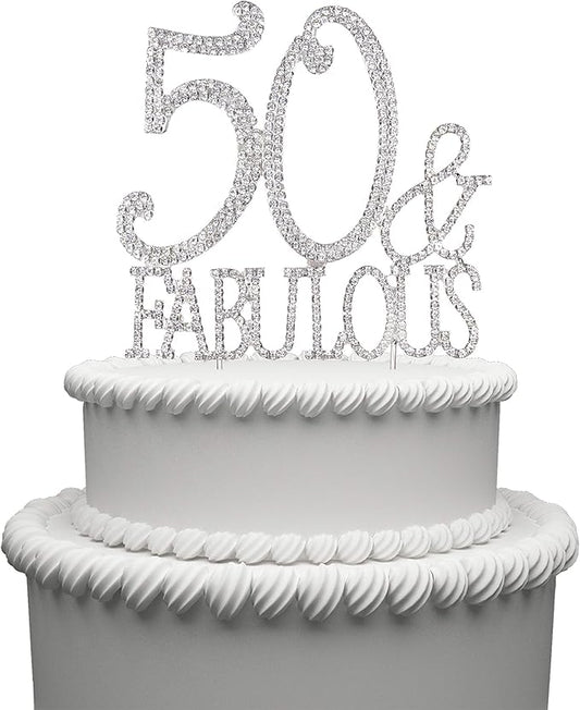 50 & Fabulous Cake Topper 50 Years Birthday Or 50th Wedding Anniversary Silver Crystal Rhinestone Party Decoration