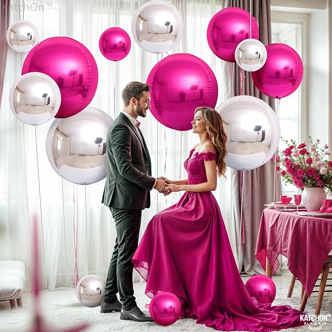 KatchOn, Hot Pink and Silver Balloons - 22 Inch Pack of 14 | Silver and Hot Pink Foil Balloons for Valentines Decorations | Galentines Day Decorations | Bridal Shower and Birthday Decoration for Women