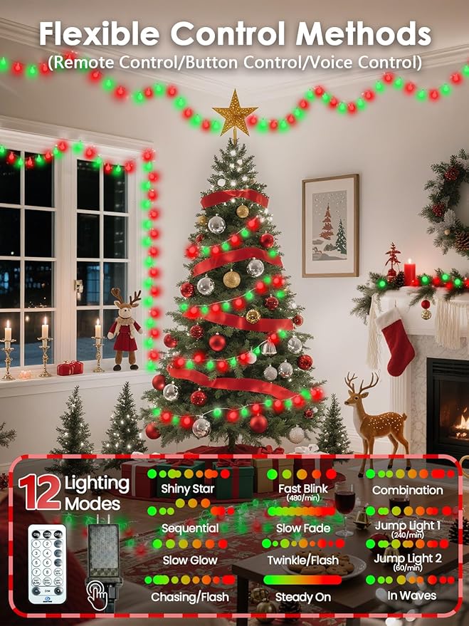 2026 New Connectable 43FT Smart Voice Controlled String Lights Indoor Outdoor | 100LED Red and Green Globe Fairy Lights with Remote, 12 Modes Waterproof Hanging Light for Bedroom Classroom Decor