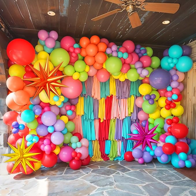 Summer Tropical Balloon Arch Garland Kit, 4D Star Foil Balloons Hot Pink Lime Green Orange Teal Yellow Rainbow Ballon for Hawaiian Luau Aloha Birthday Shower Pool Party Decorations