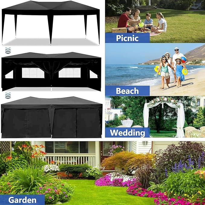 10x20 Pop Up Canopy Tents for Parties, Portable Outdoor Tent with Carry Bag & 4 Sandbags, for Wedding, Patio Events, Commercial, Birthday, Graduation (Black, 10x20)