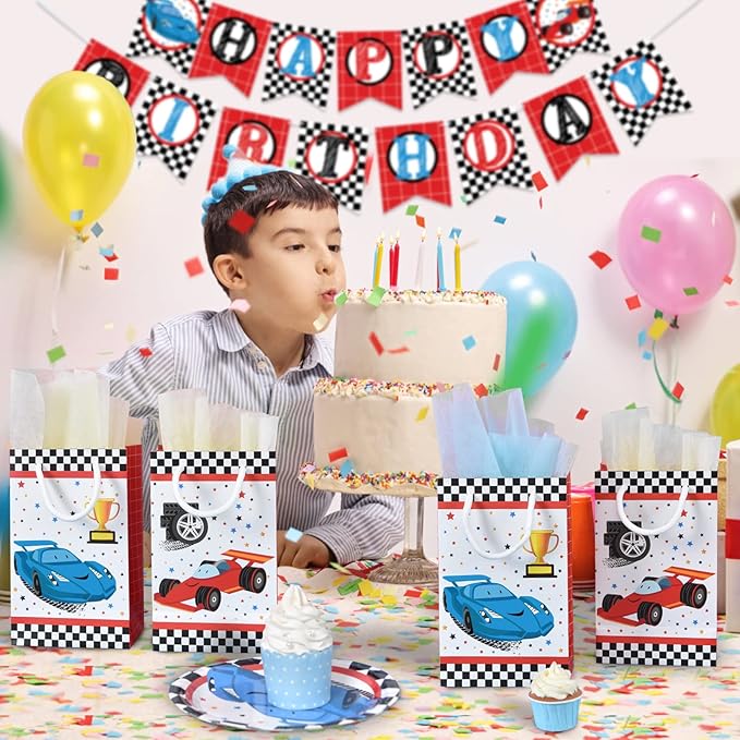 WERNNSAI Party Gift Bags - 16PCS Racing Car Birthday Party Supplies Goodie Candy Gifts Bags Party Treats Racing Car Storage Paper Bag with Handles for Boys Birthday Baby Shower Red