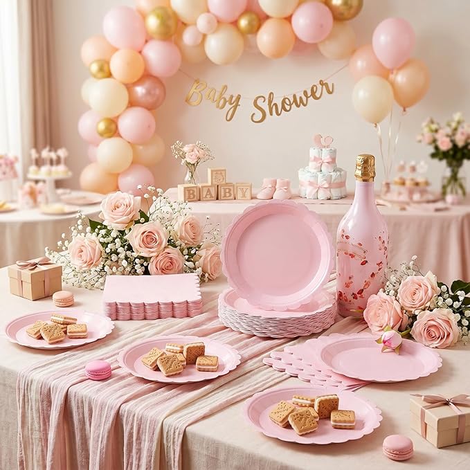 120 Pcs Pink Paper Plates and Napkins Party Supplies Bulk Disposable 7 Inch Scalloped Plates Cocktail Napkins for Wedding Bridal Baby Shower Birthday Decorations, Serve 60 Guests