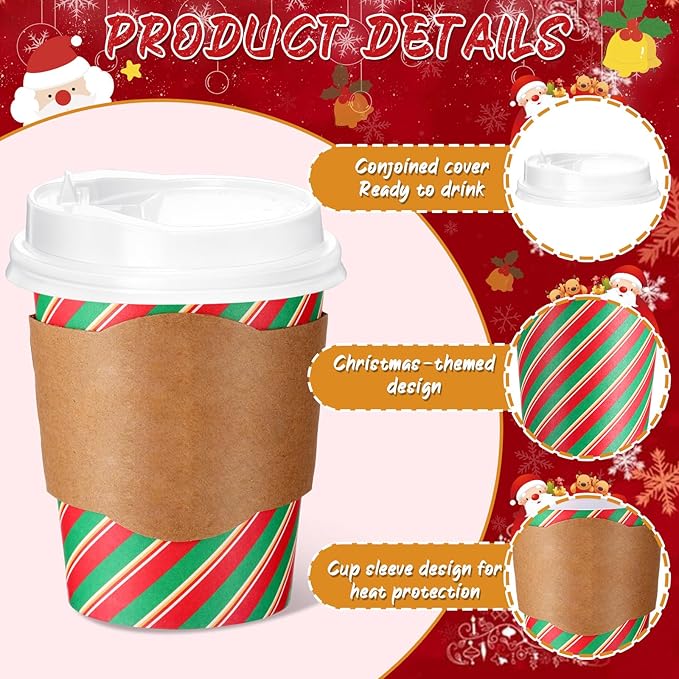Mimorou 100 Pcs 8oz Fall Plaid Disposable Coffee Cups with Lids and Sleeves Autumn Thanksgiving Coffee Paper Cups for Cold Hot Drinks Fall Thanksgiving Party Supplies (Striped Style)