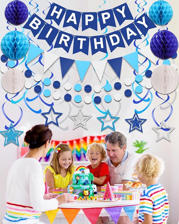Pre-Strung Blue Happy Birthday Decorations, Happy Birthday Banner with Honeycomb Balls, Stars Hanging Swirl Streamers, Dots Garland, Party Decorations for Men Boys Women Girls