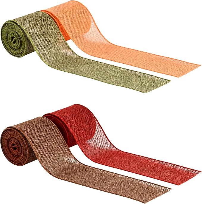 Meseey 1.5 Inch Fall Burlap Wired Ribbon Set, 4 Rolls Total 20 Yards Sage Green/Orange/Burgundy/Brown Solid Wired Edge Ribbons for Big Bows, Wreaths, Thanksgiving & Halloween Decor(FPR019)