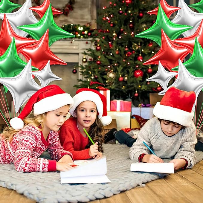 TONIFUL 30Pcs 26In&10In Star Balloons Red Green Silver Four Pointed Foil Mini Star Mylar Balloons for Halloween Chrismas Birthday Wedding Baby Shower Anniversary Engagement Party Decor Supplies