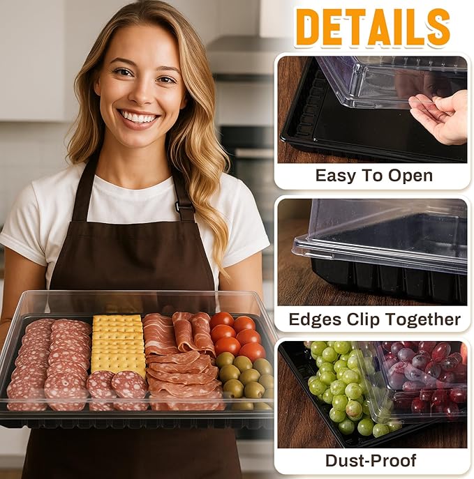 Shellwei 5 Pack Extra Large Charcuterie Board with Lids, 15 x 10 Inch Plastic Catering Trays for Cookies, Desserts, Candy, Reusable Serving Platters for Travel Party