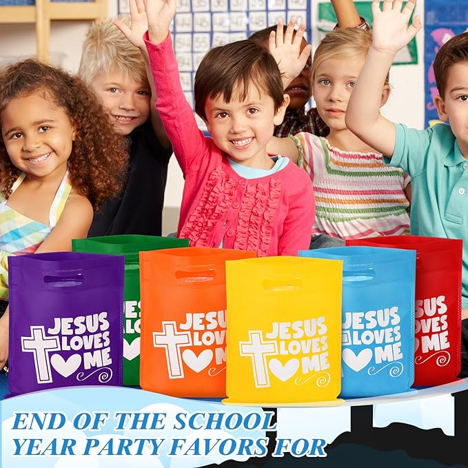 Wesnoy 48 Pcs First Communion Jesus Loves Me Gift Bags Bulk Religious Christian Church Cross Goodie Snack Treat Candy Rainbow Bags Non Woven for Baptism Party Favors