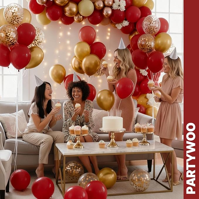 PartyWoo Red and Gold Balloons 66pcs 12 10 Inch Matte Red Burgundy Metallic Chrome Gold Confetti Balloons for Graduation Baby Shower Birthday New Year's Eve Anniversary Christmas Party Decorations