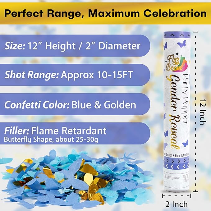 2 Pack Blue Butterfly-Shaped Confetti Poppers for Baby Gender Reveal | Blue Paper and gold mylar Baby Boy Party Supplies