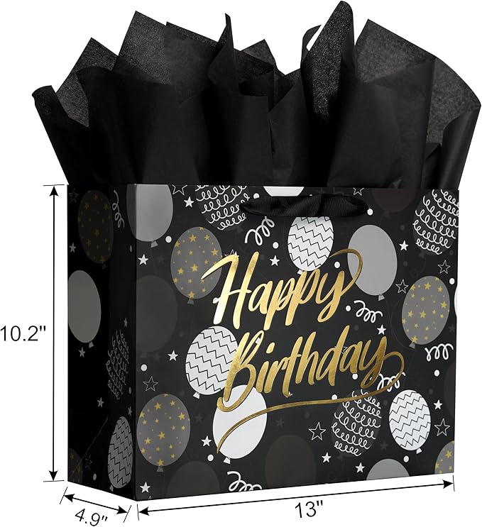 Bobobag 13" Black Birthday Gift Bag with Tissue Paper and Greeting Card for Men, Gift Ideals for Adults, Boys and Kids