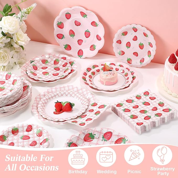 144 Pcs 48 Guests Strawberry Party Plates and Napkins Berry First Birthday Paper Plates Napkins Disposable Tableware for Strawberry 1st Birthday Baby Shower Decorations Tea Party Supplies